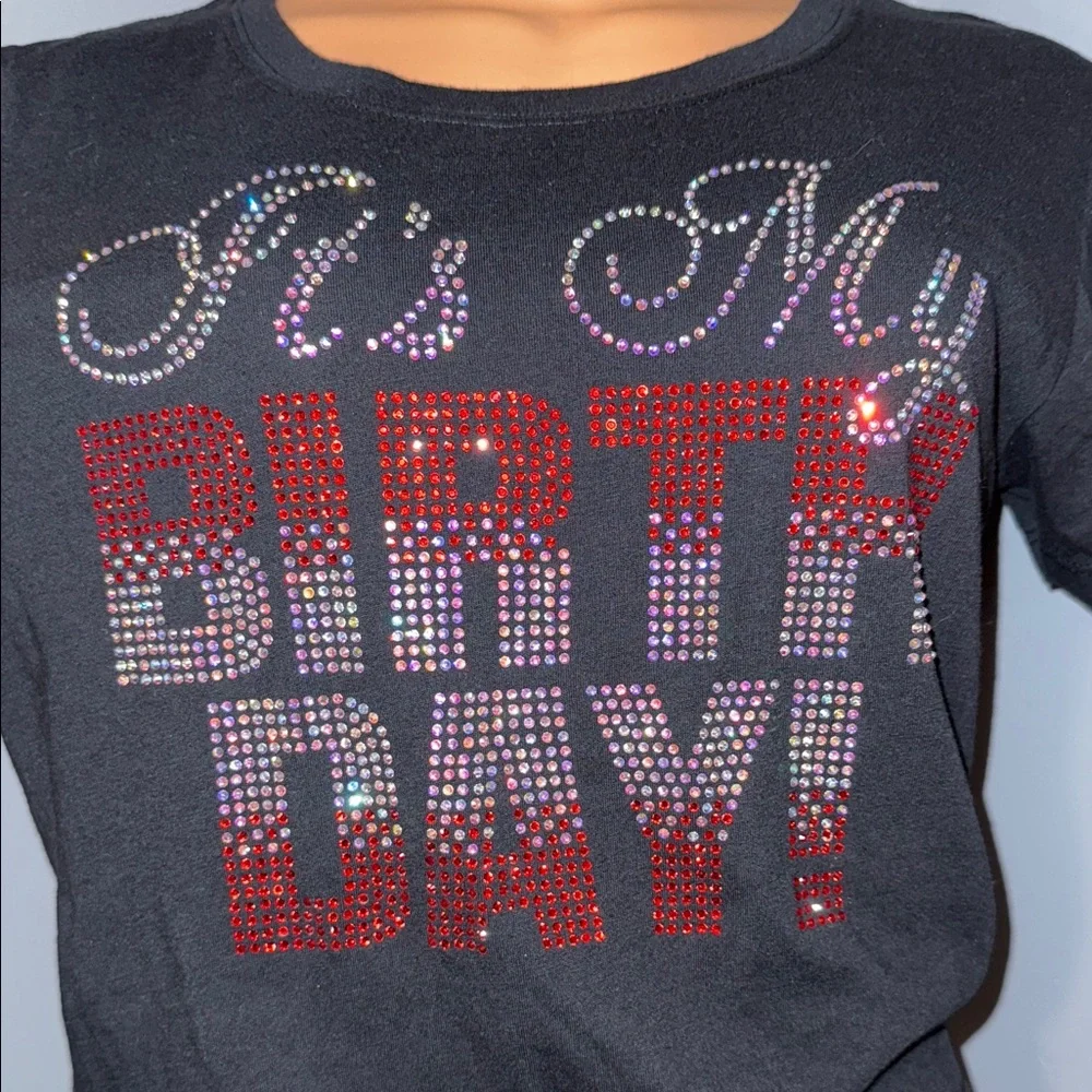 It's My Birthday!" Black Rhinestone T-Shirt, Size Large - Picture 3 of 4